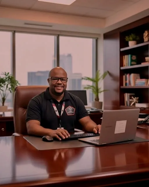 Profissional da L&L Monitoramento com a camisa da empresa, no escritório